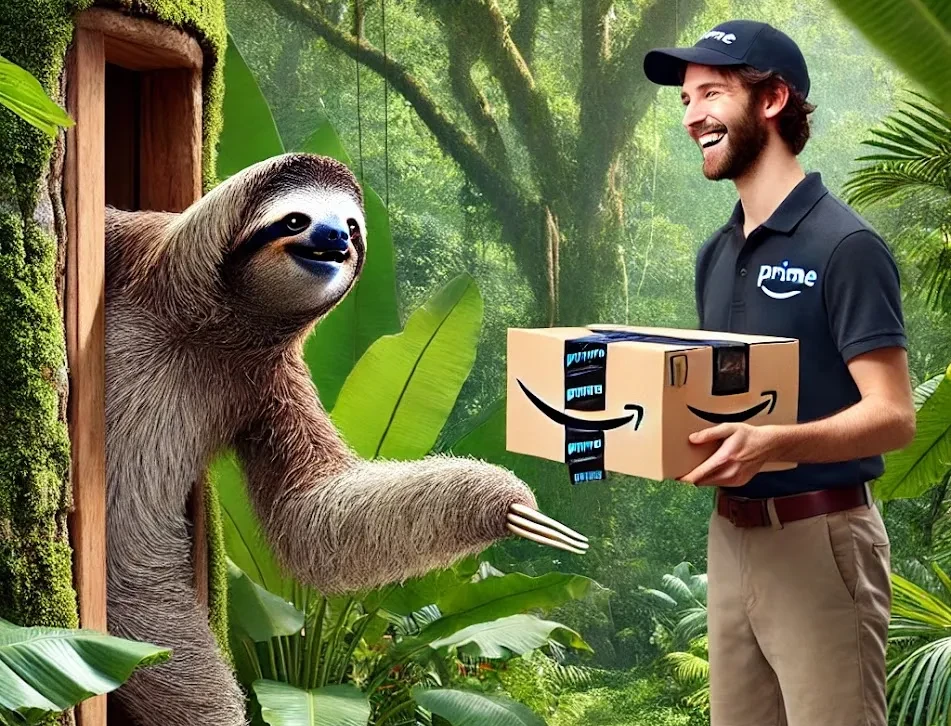 Sloth receiving an Amazon delivery