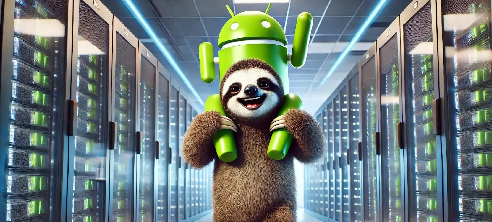 Sloth and android in server room