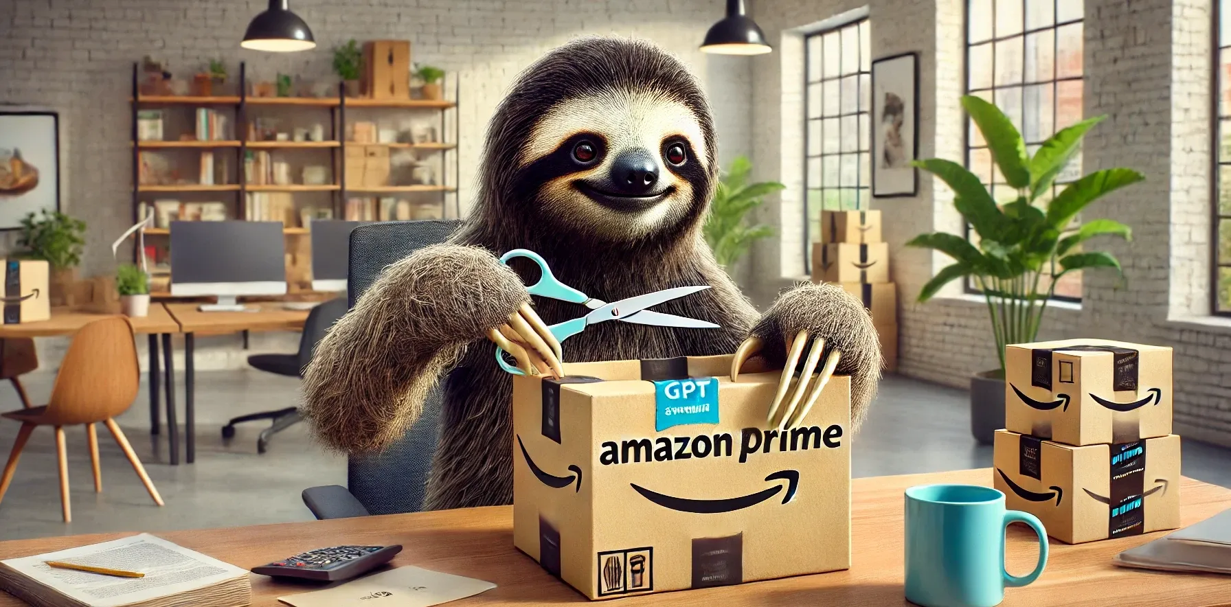 Sloth with an Amazon Prime box