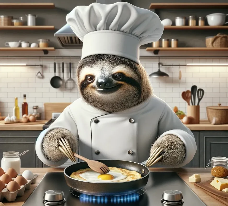 Sloth chef making an omelette