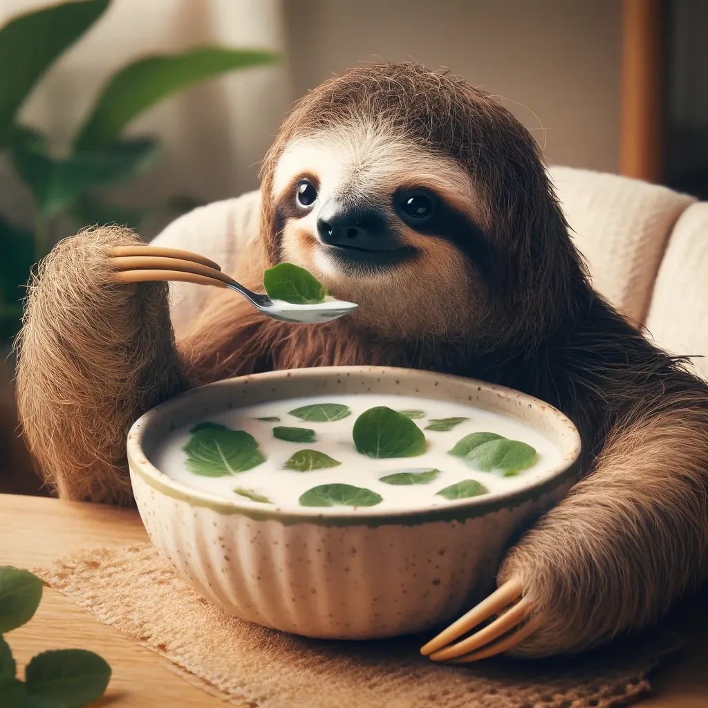 Sloth eating leaves and cereal