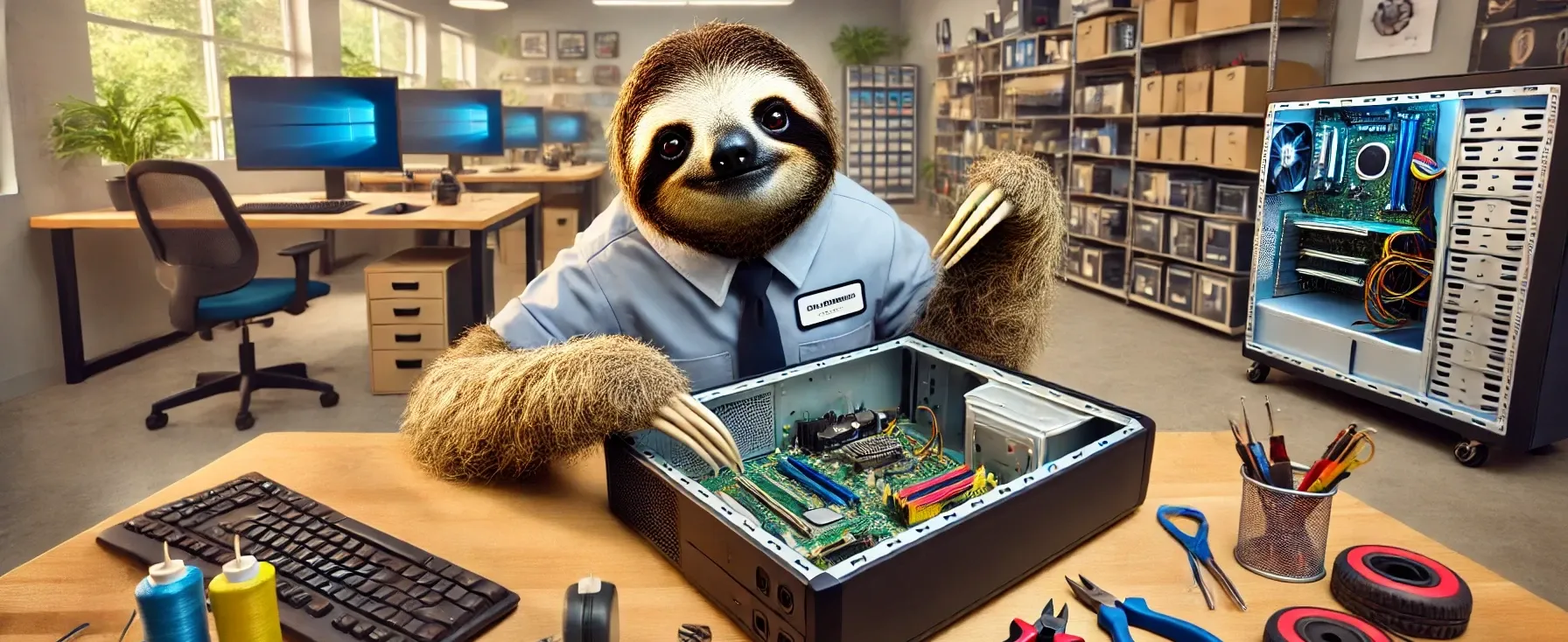 Sloth fixing a computer