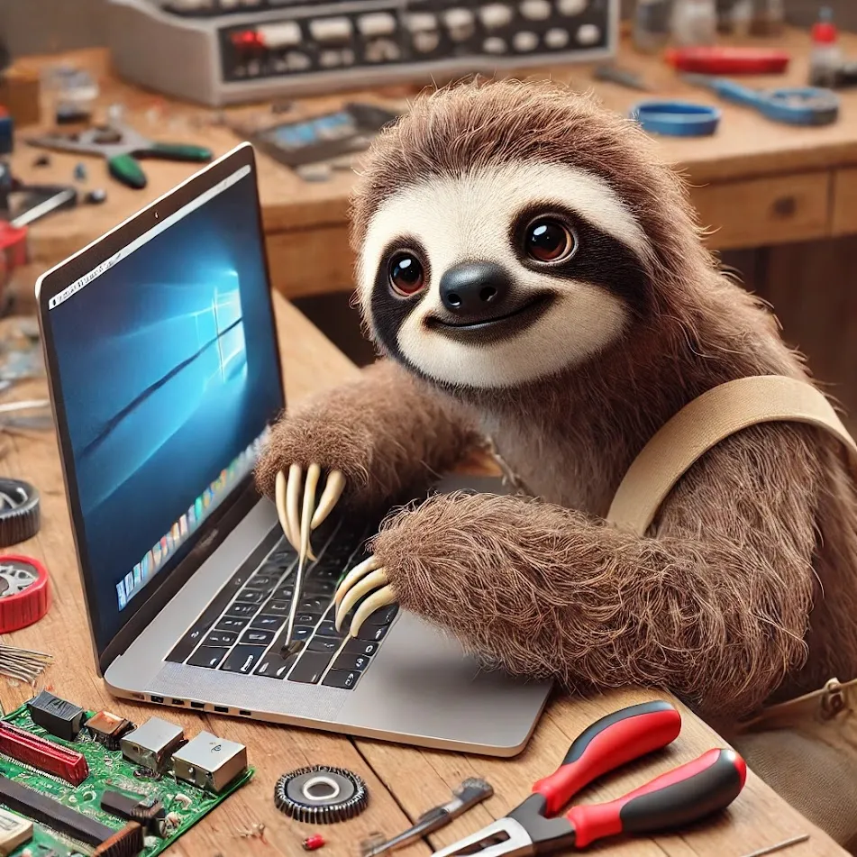 Sloth fixing a laptop