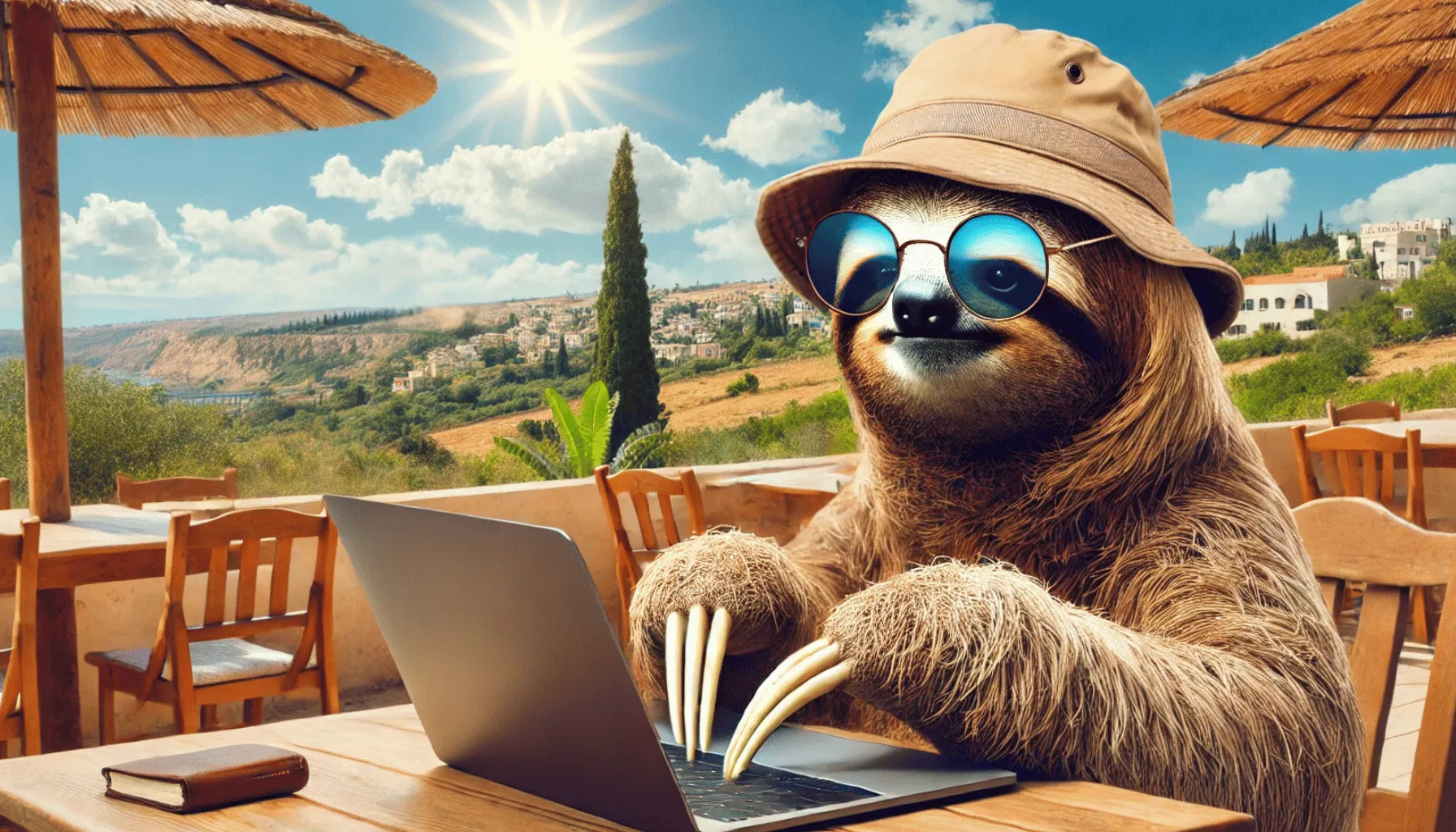 Sloth with laptop in the sun