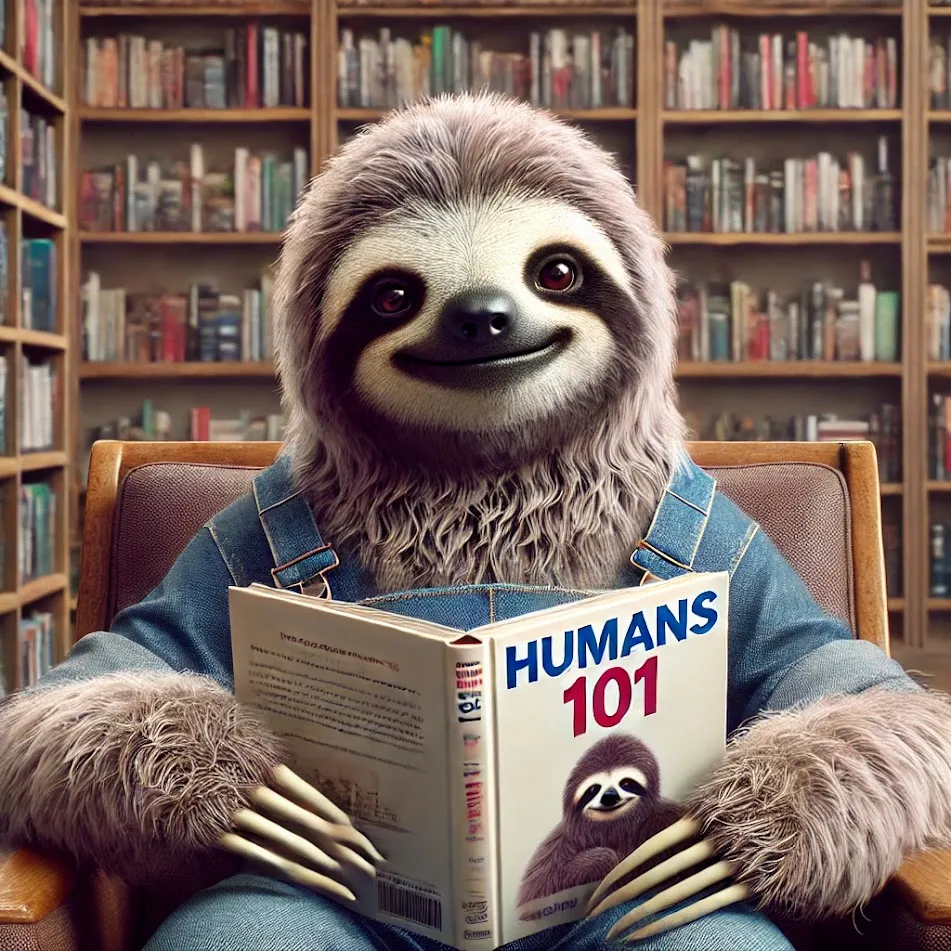 Sloth reading "Humans 101"