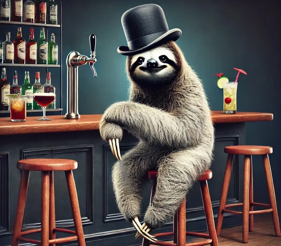 Sloth in a tophat at a bar