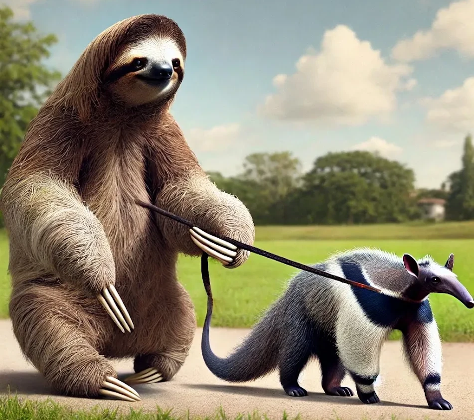 Sloth walking an anteater