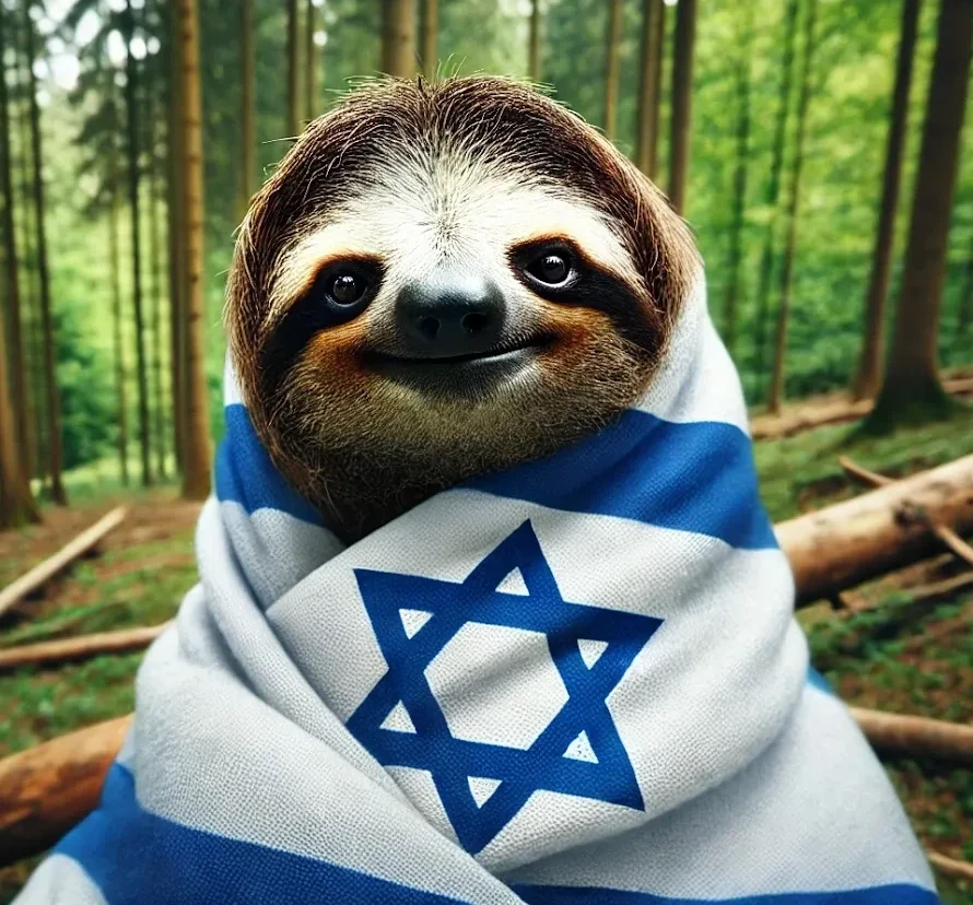 Sloth wrapped in Israeli flag